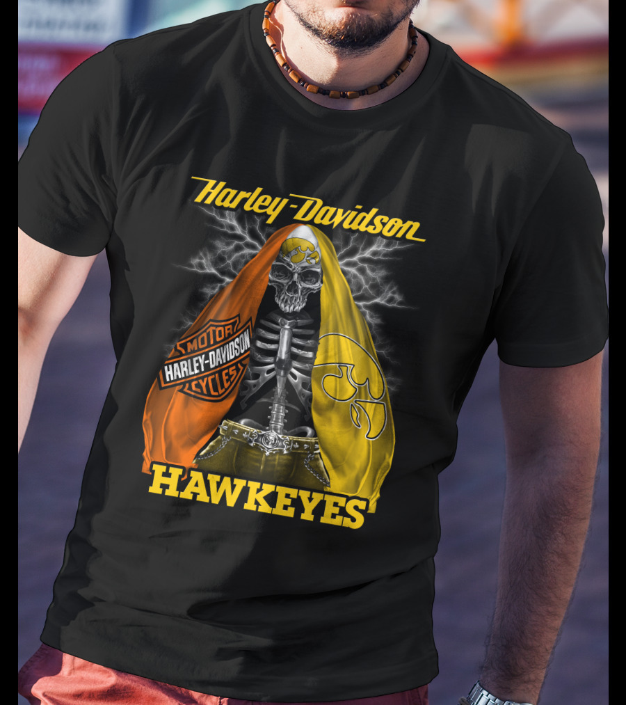 Harley Davidson Iowa Hawkeyes Skull Skeleton With Orange Yellow Flags And Hawkeyes T-Shirt