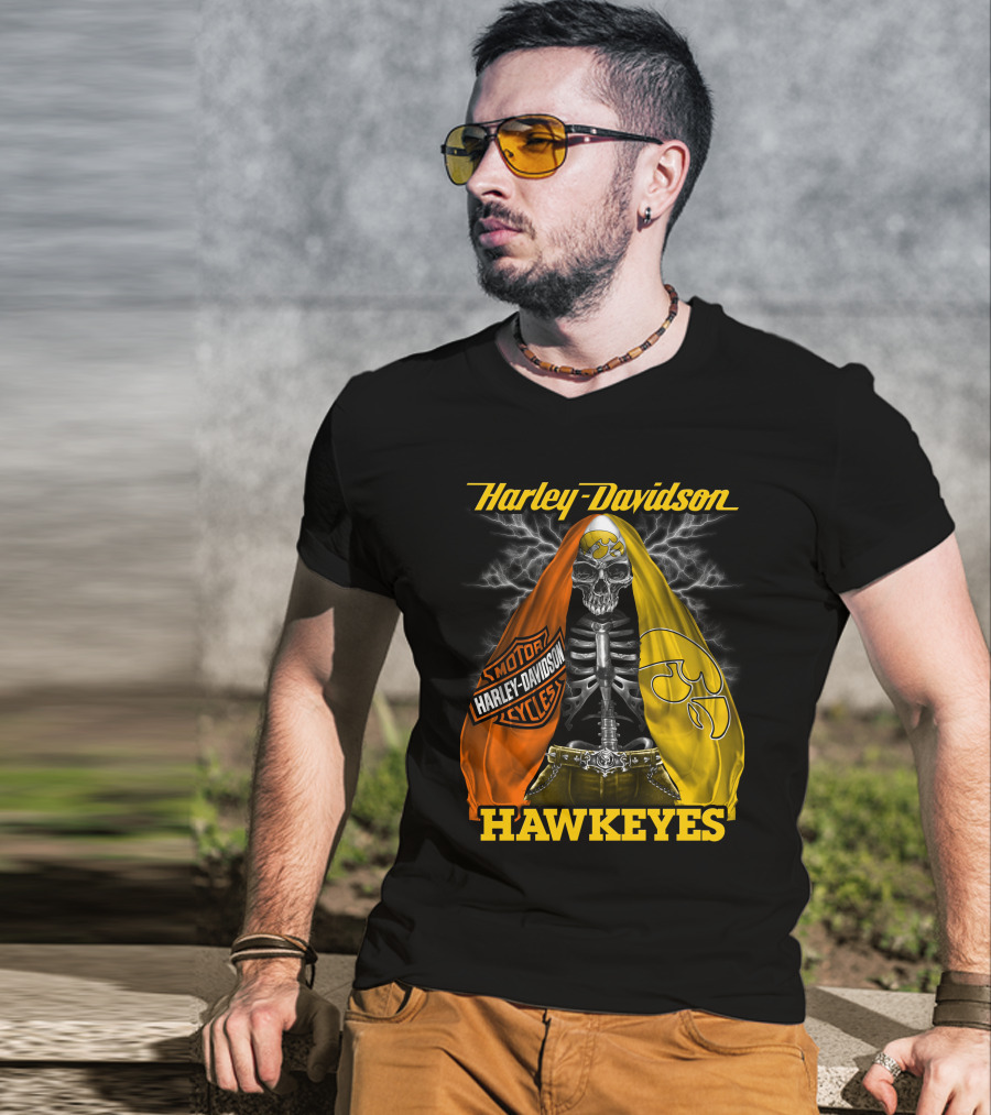 Harley Davidson Iowa Hawkeyes Skull Skeleton With Orange Yellow Flags And Hawkeyes T-Shirt