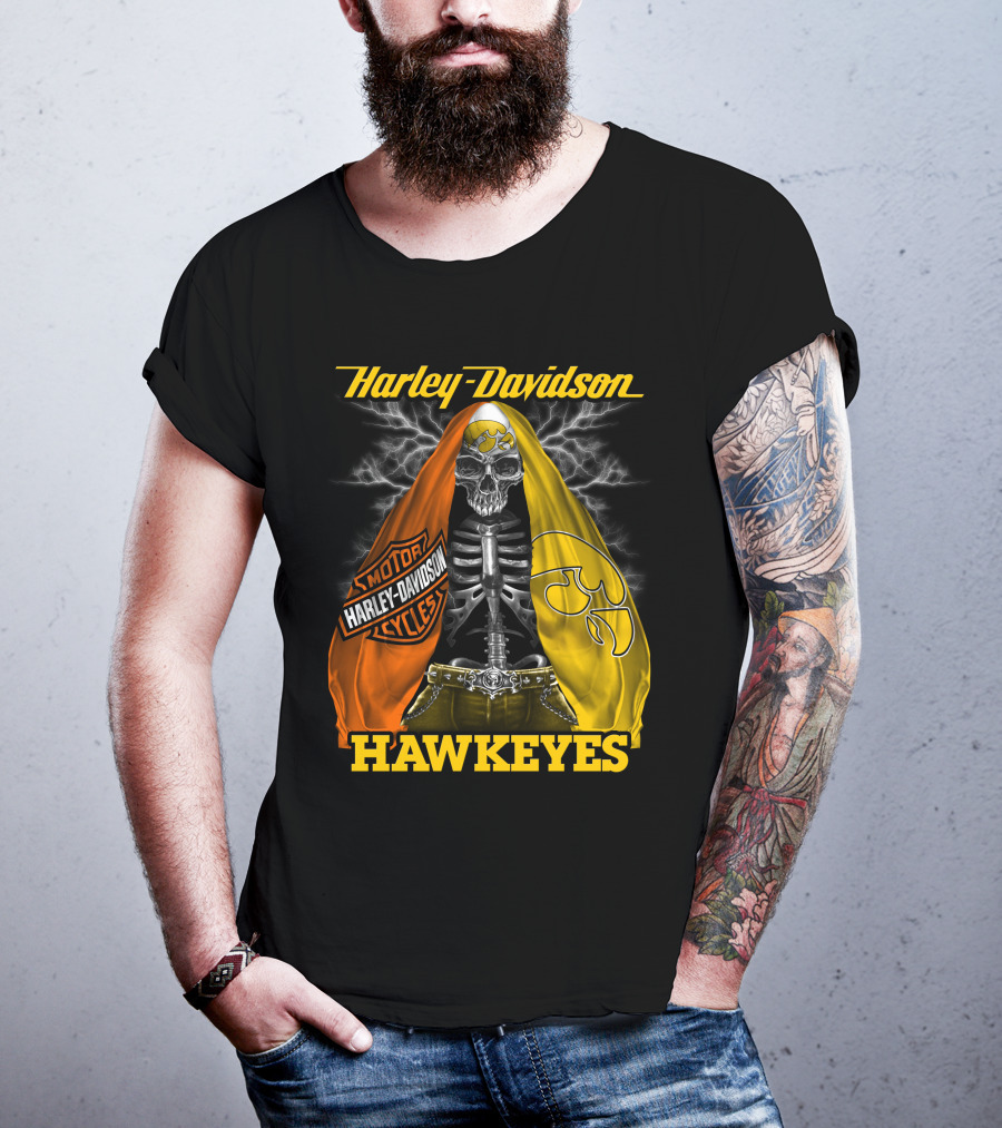 Harley Davidson Iowa Hawkeyes Skull Skeleton With Orange Yellow Flags And Hawkeyes T-Shirt