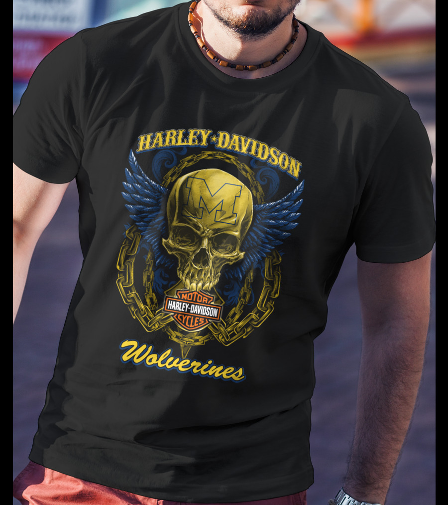 Harley Davidson Michigan Wolverines Skull Logo With Chain And Wings T-Shirt