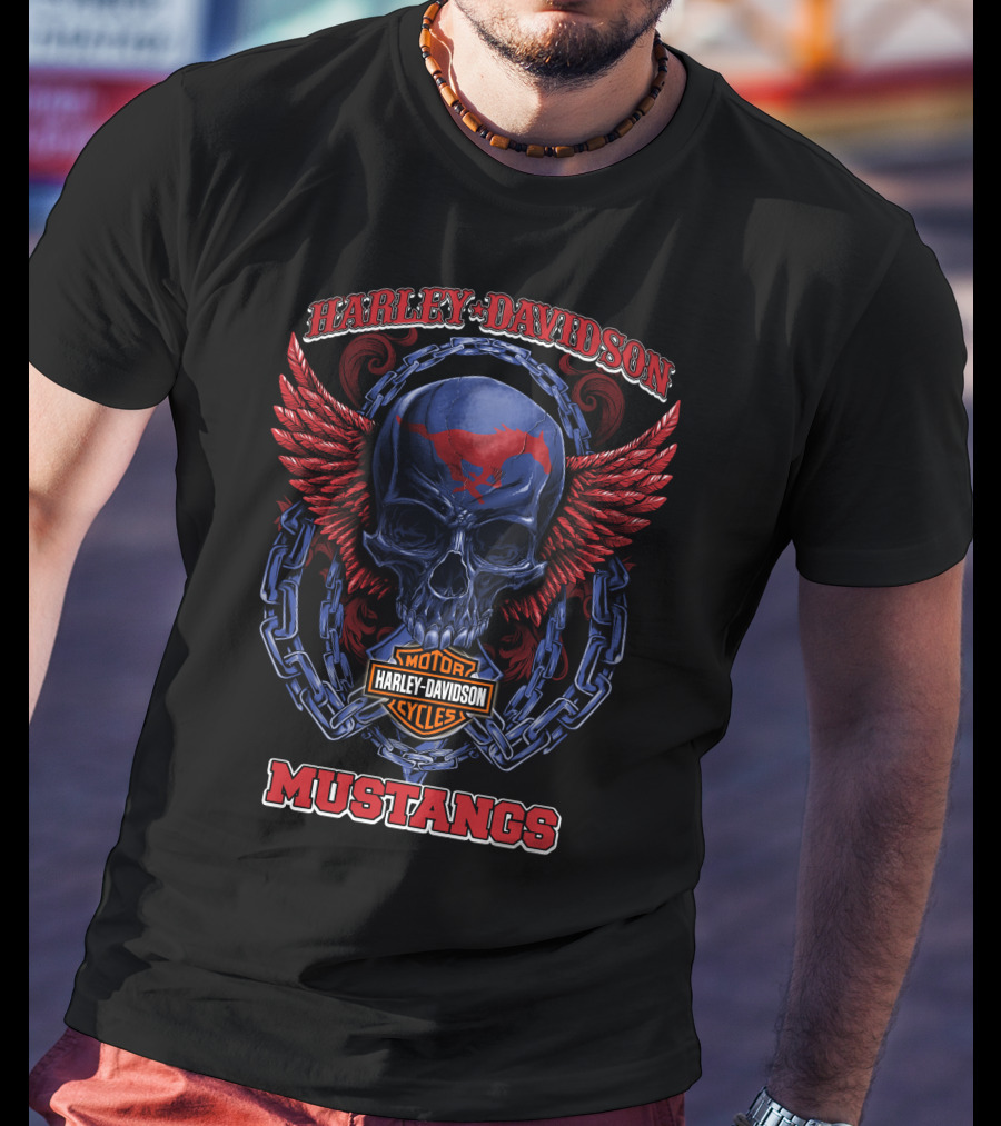 Harley Davidson Mustangs Skull With Wings And Chains T-Shirt