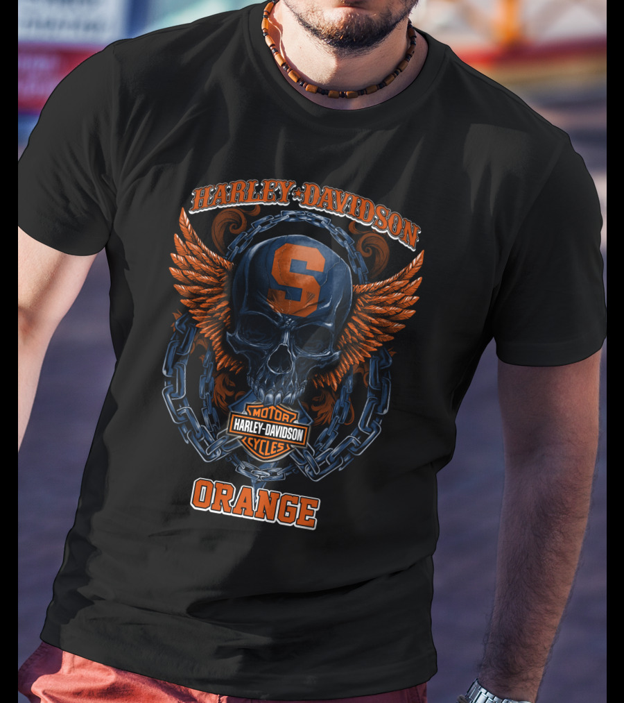 Harley Davidson Syracuse Orange Motor Cycles Skull Wings T-Shirt