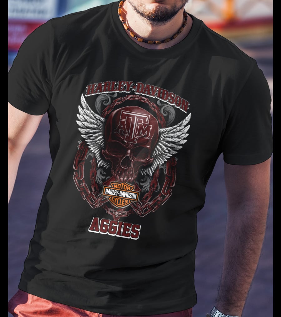 Harley Davidson Texas A&M Aggies Motorcycles Logo With Skull And Wings T-Shirt