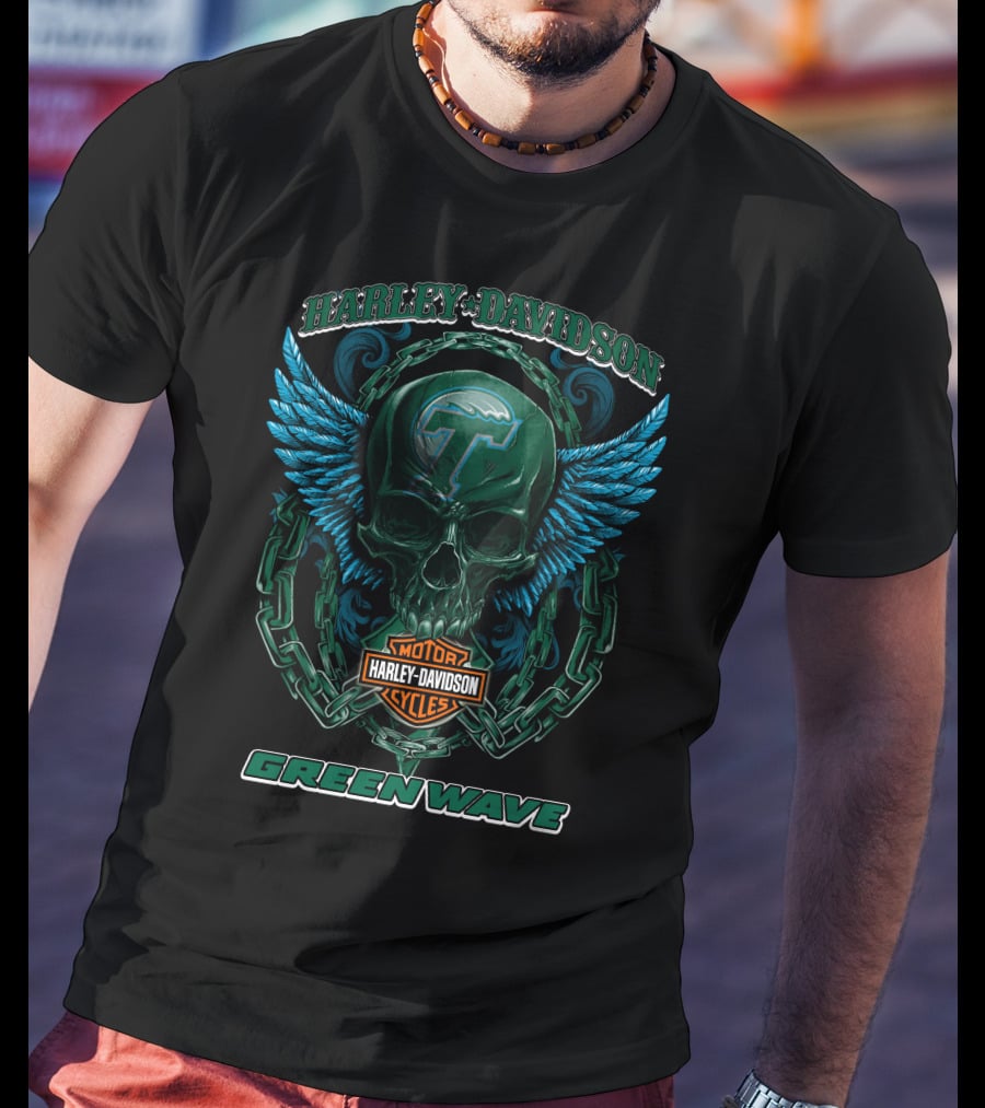 Harley Davidson Motorcycles Tulane Green Wave Skull Wings T-Shirt