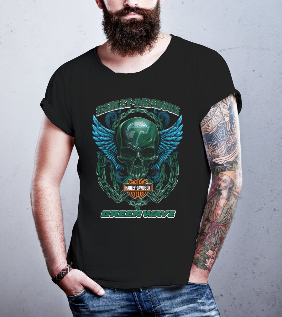 Harley Davidson Motorcycles Tulane Green Wave Skull Wings T-Shirt