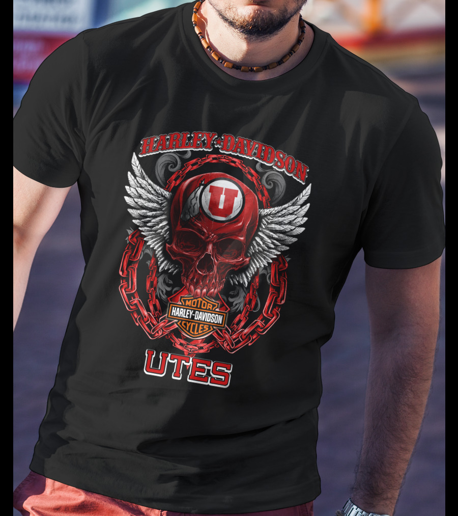 Harley Davidson Utah Utes Red Skull Wings Chains T-Shirt