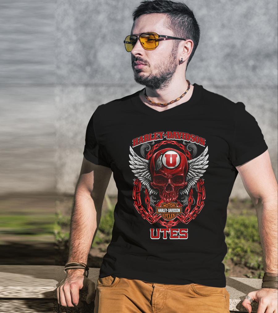 Harley Davidson Utah Utes Red Skull Wings Chains T-Shirt