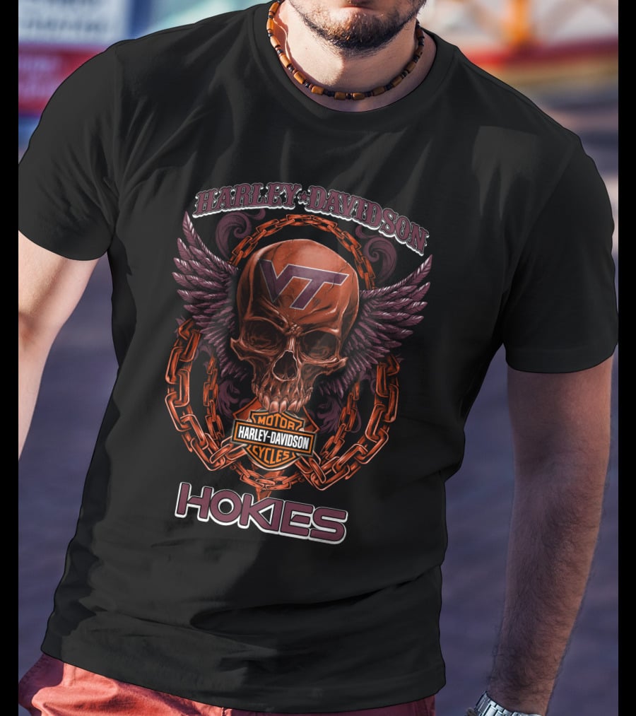 Harley Davidson Vt Motorcycles Hokies Skull Chain Wings T-Shirt