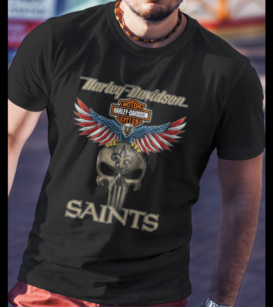 Harley Davidson Motor Cycles Eagle Skull Fleur-De-Lis Saints T-Shirt