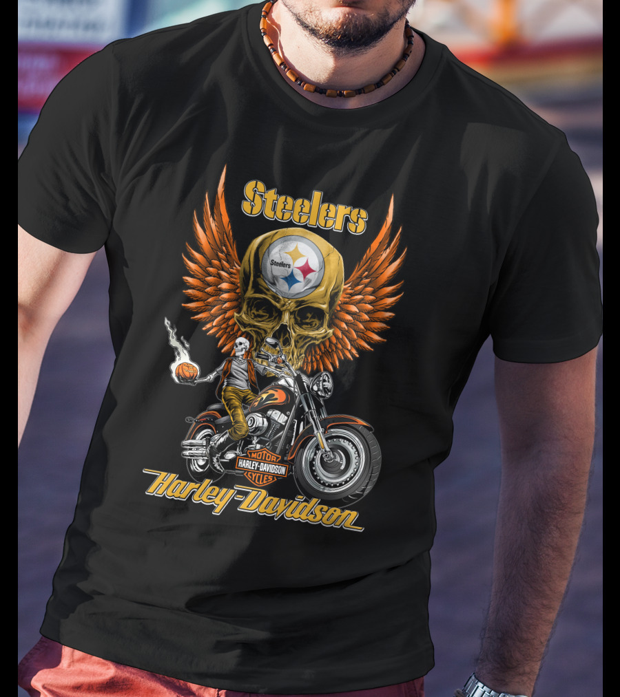 Steelers Harley Davidson Motor Cycles Skull Wings Nfl Pittsburgh T-Shirt
