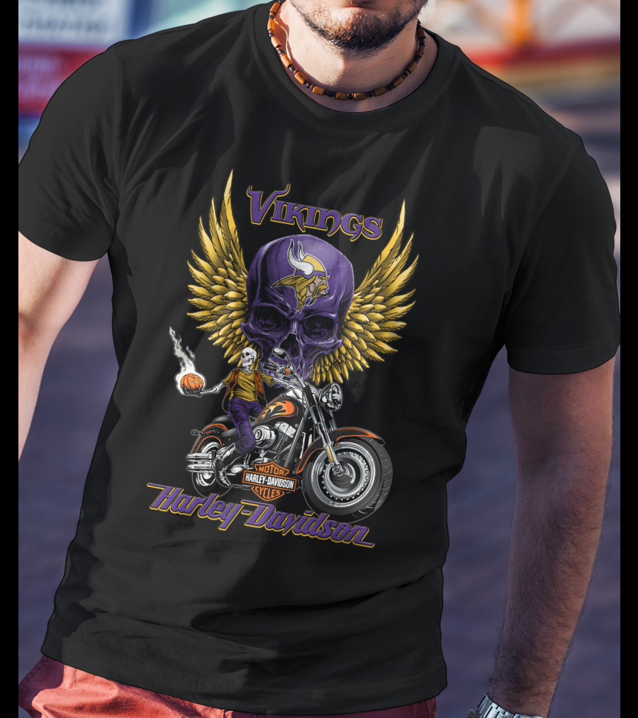 Vikings Harley Davidson Motorcycle Skull And Wings Nfl Minnesota T-Shirt