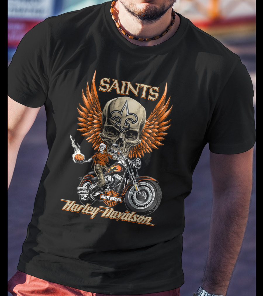 Saints Harley Davidson Motorcycles Nfl New Orleans Skull Wings T-Shirt