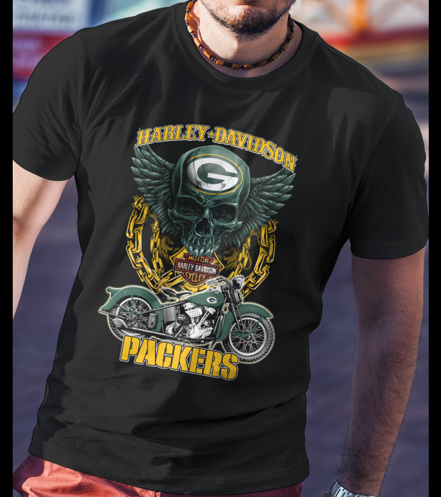 Harley Davidson Green Bay Packers Motorcycle Skull Nfl Packers T-Shirt