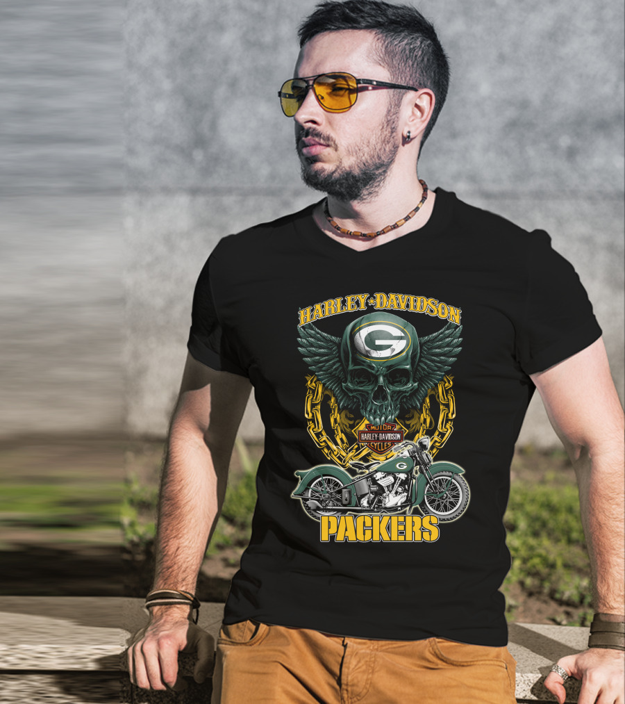 Harley Davidson Green Bay Packers Motorcycle Skull Nfl Packers T-Shirt