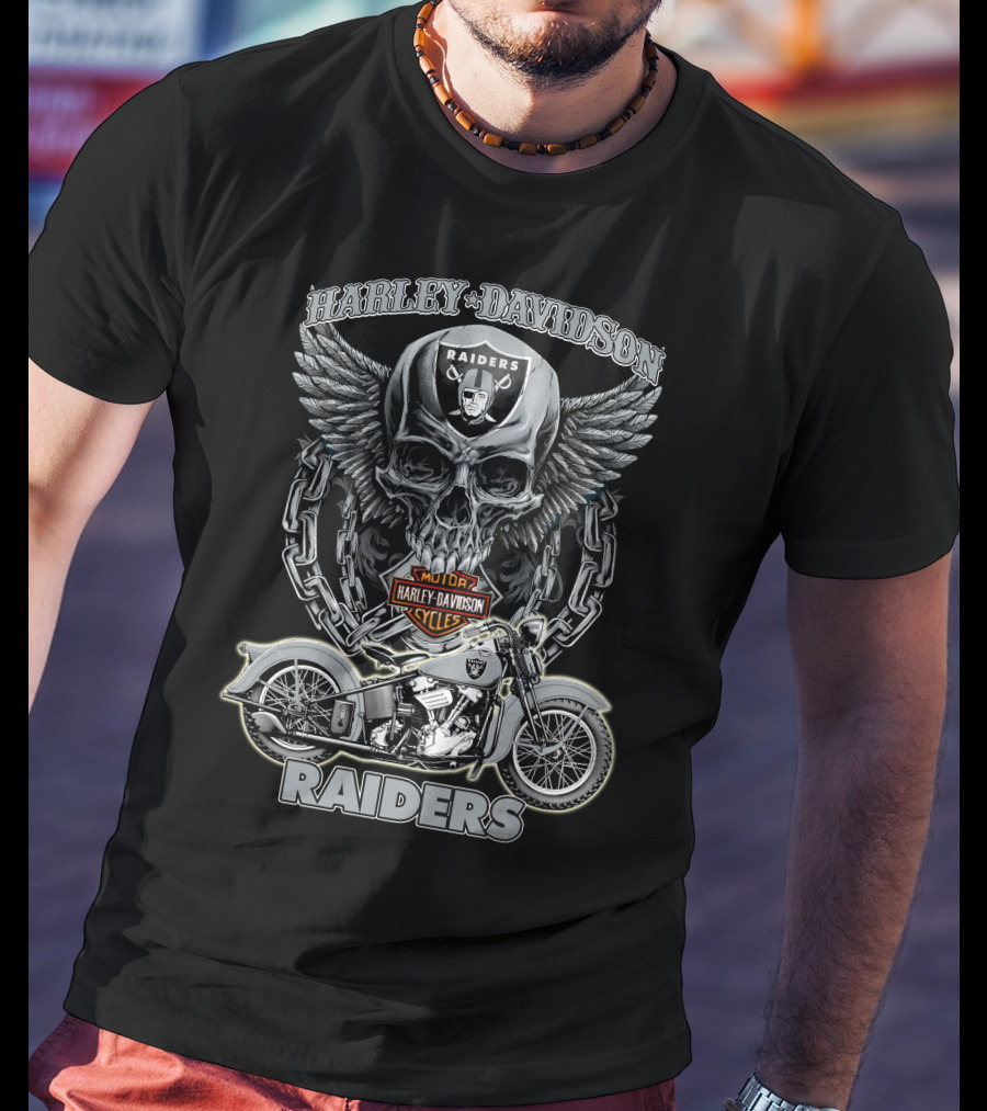 Harley Davidson Raiders Skull And Motorcycle Nfl Las Vegas Raiders T-Shirt