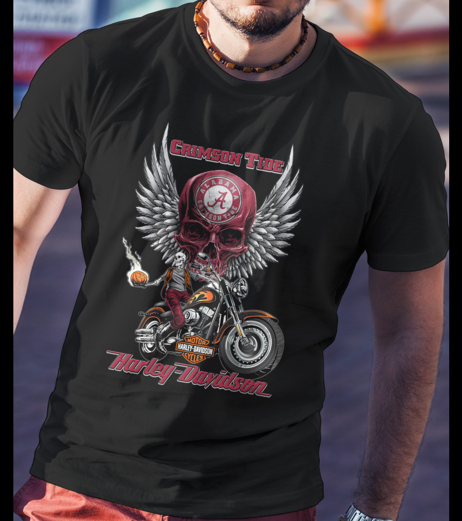 Crimson Tide Alabama Harley Davidson Motorcycles Ncaa Skull Wings T-Shirt