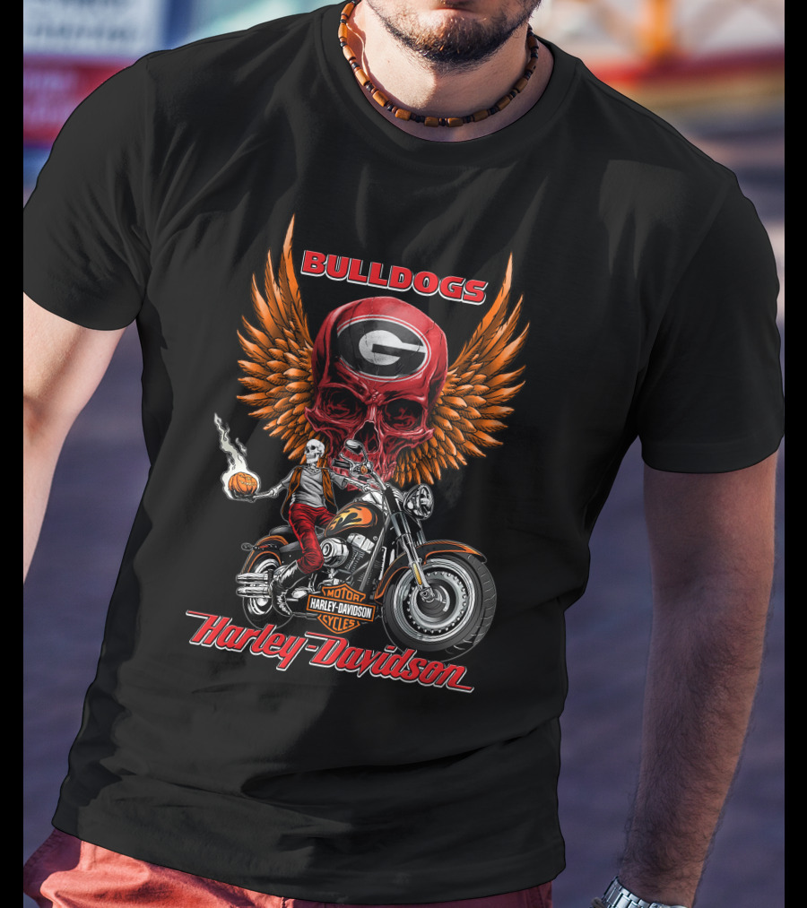 Bulldogs Harley Davidson Georgia Motorcycle Skull Wings T-Shirt