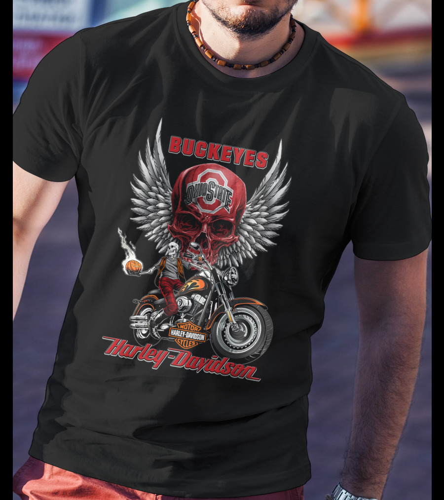 Buckeyes Ohio State Skull Harley Davidson Motor Cycles Wings Basketball T-Shirt