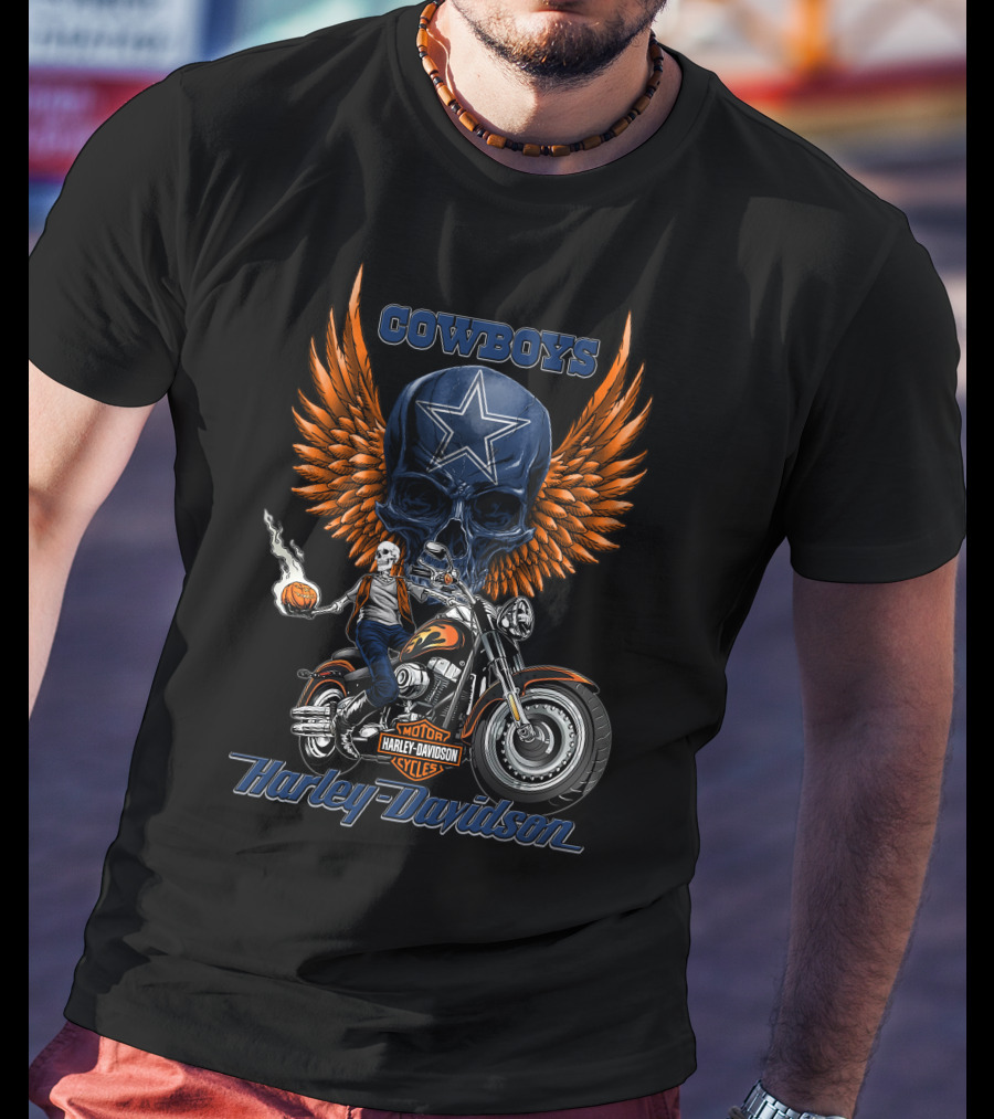 Cowboys Harley Davidson Motor Cycles Skull Star Wings T-Shirt