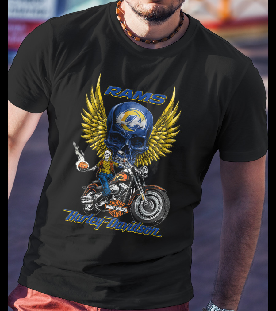 Harley Davidson Rams Skull With Los Angeles Nfl Motorcycle And Flaming Ball T-Shirt