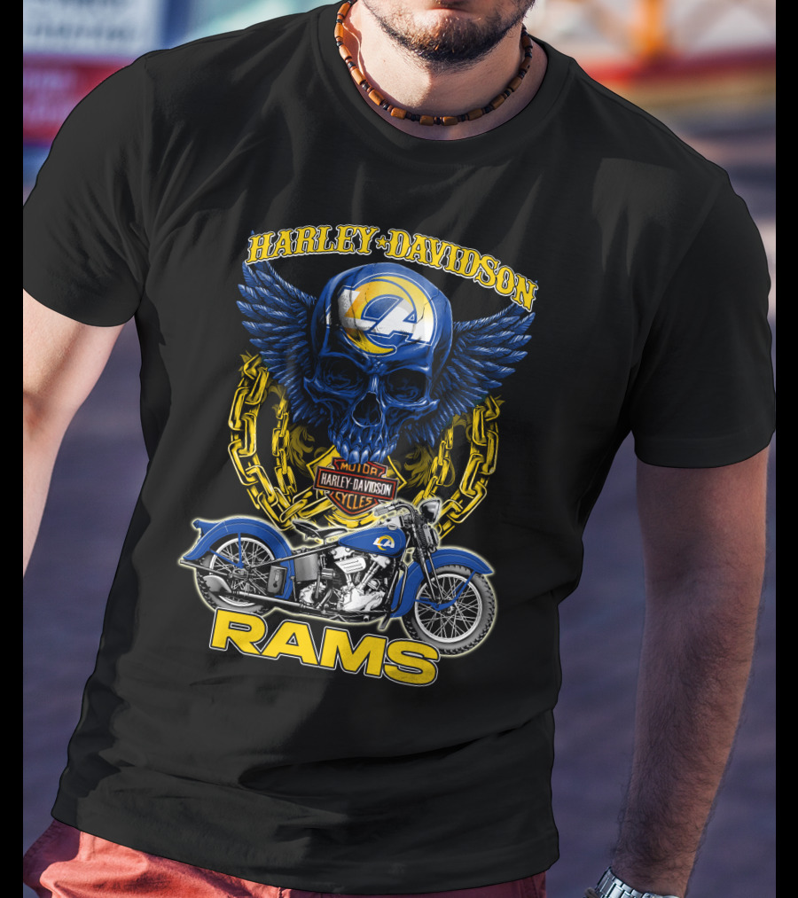 Harley Davidson Los Angeles Rams Nfl Motorcycle Skull T-Shirt