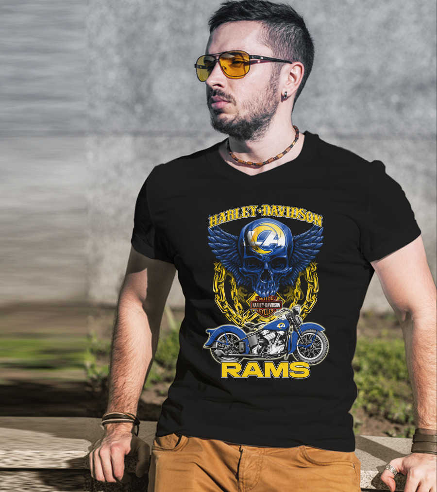 Harley Davidson Los Angeles Rams Nfl Motorcycle Skull T-Shirt