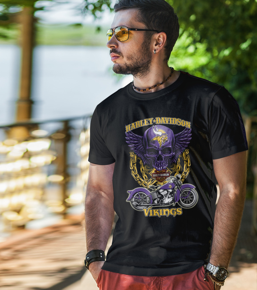 Harley Davidson Minnesota Vikings Nfl Motorcycle Cycles Skull T-Shirt