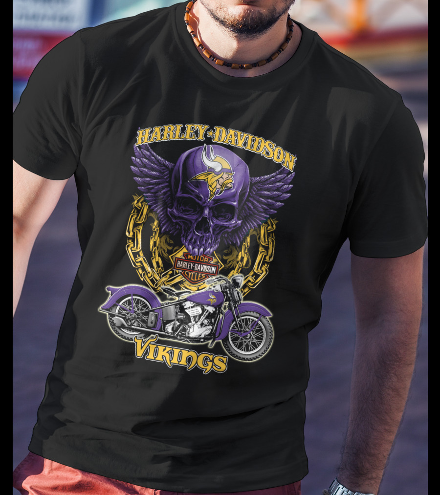 Harley Davidson Minnesota Vikings Nfl Motorcycle Cycles Skull T-Shirt