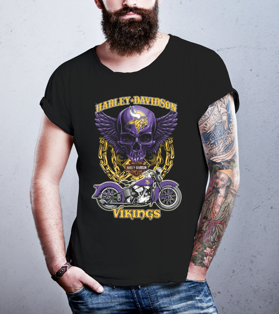 Harley Davidson Minnesota Vikings Nfl Motorcycle Cycles Skull T-Shirt