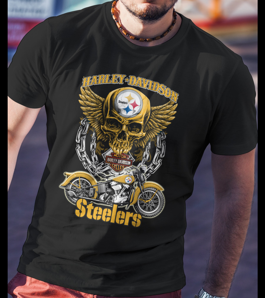 Pittsburgh Steelers Harley Davidson Winged Skull Motorcycle Nfl Hd18 T-Shirt