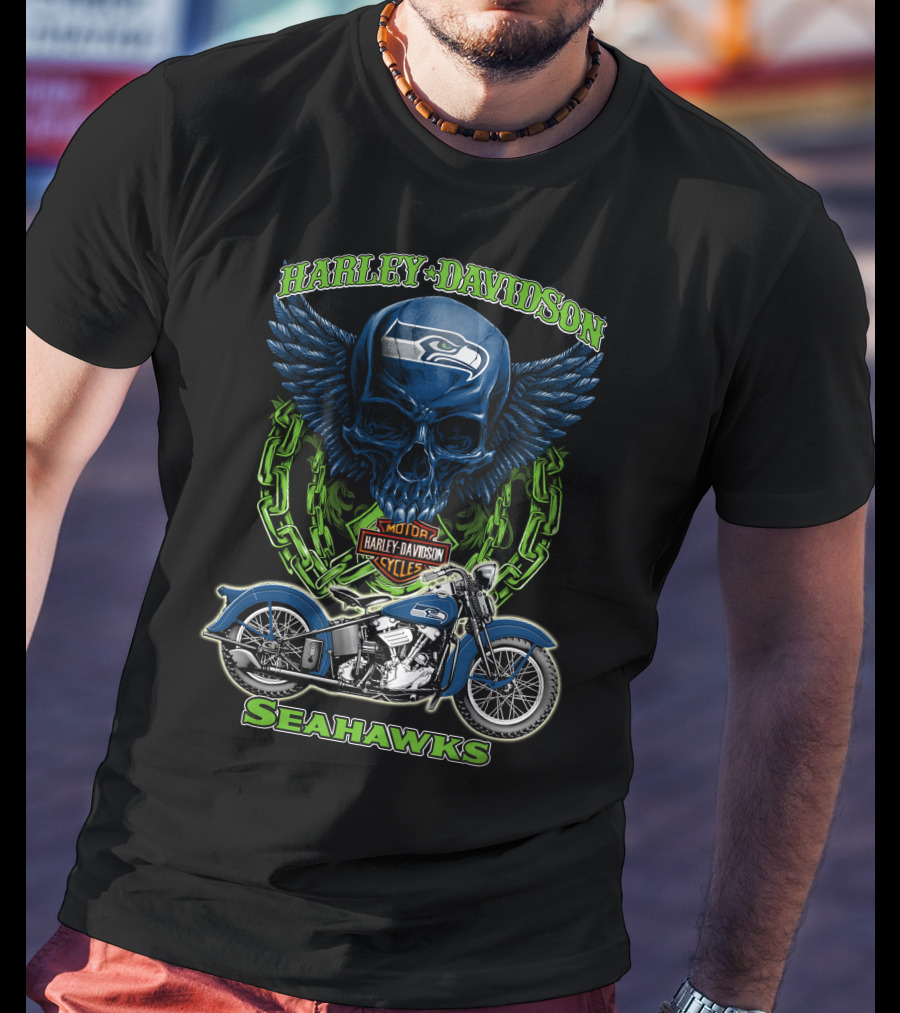 Harley Davidson Motorcycles Skull With Seattle Seahawks Logo And Bike Nfl Hd18 T-Shirt