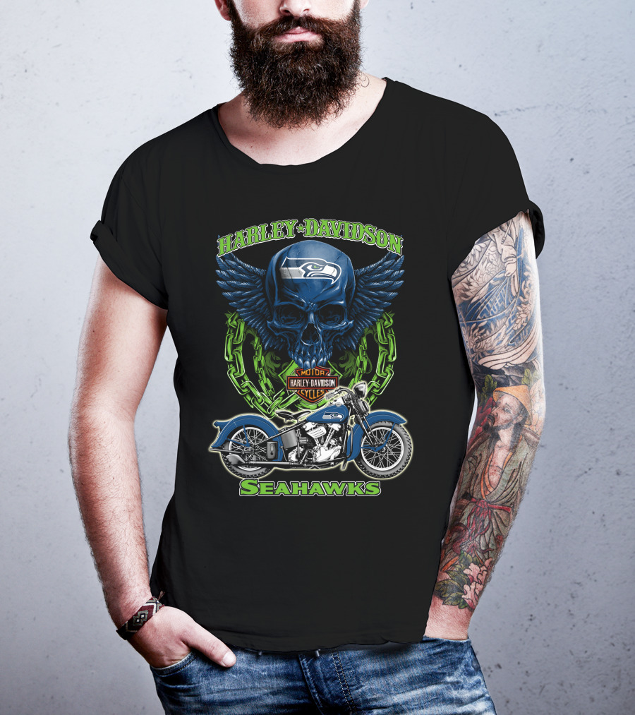 Harley Davidson Motorcycles Skull With Seattle Seahawks Logo And Bike Nfl Hd18 T-Shirt