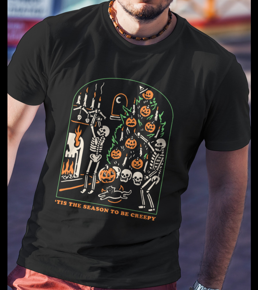 'Tis The Season To Be Creepy Skeletons Decorating With Pumpkins And Skulls T-Shirt