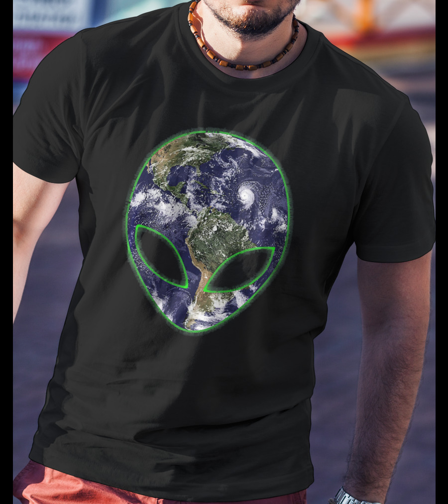 Aliens On Earth Grey Face With Planet T-Shirt