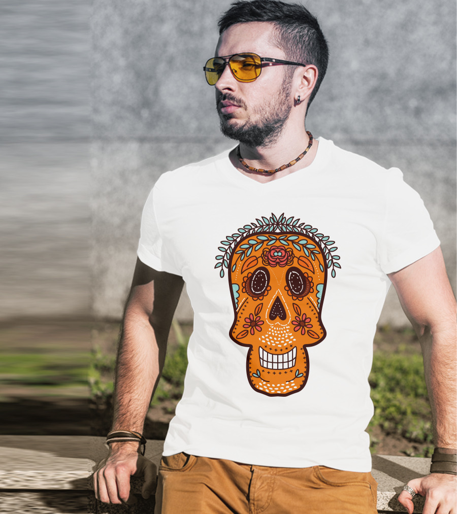 Skull Smile Sugar Skull Floral Día De Los Muertos T-Shirt