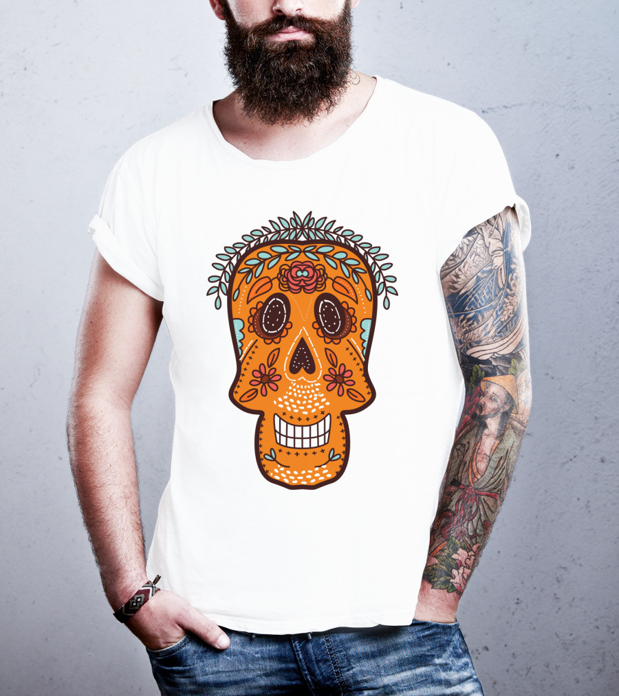 Skull Smile Sugar Skull Floral Día De Los Muertos T-Shirt