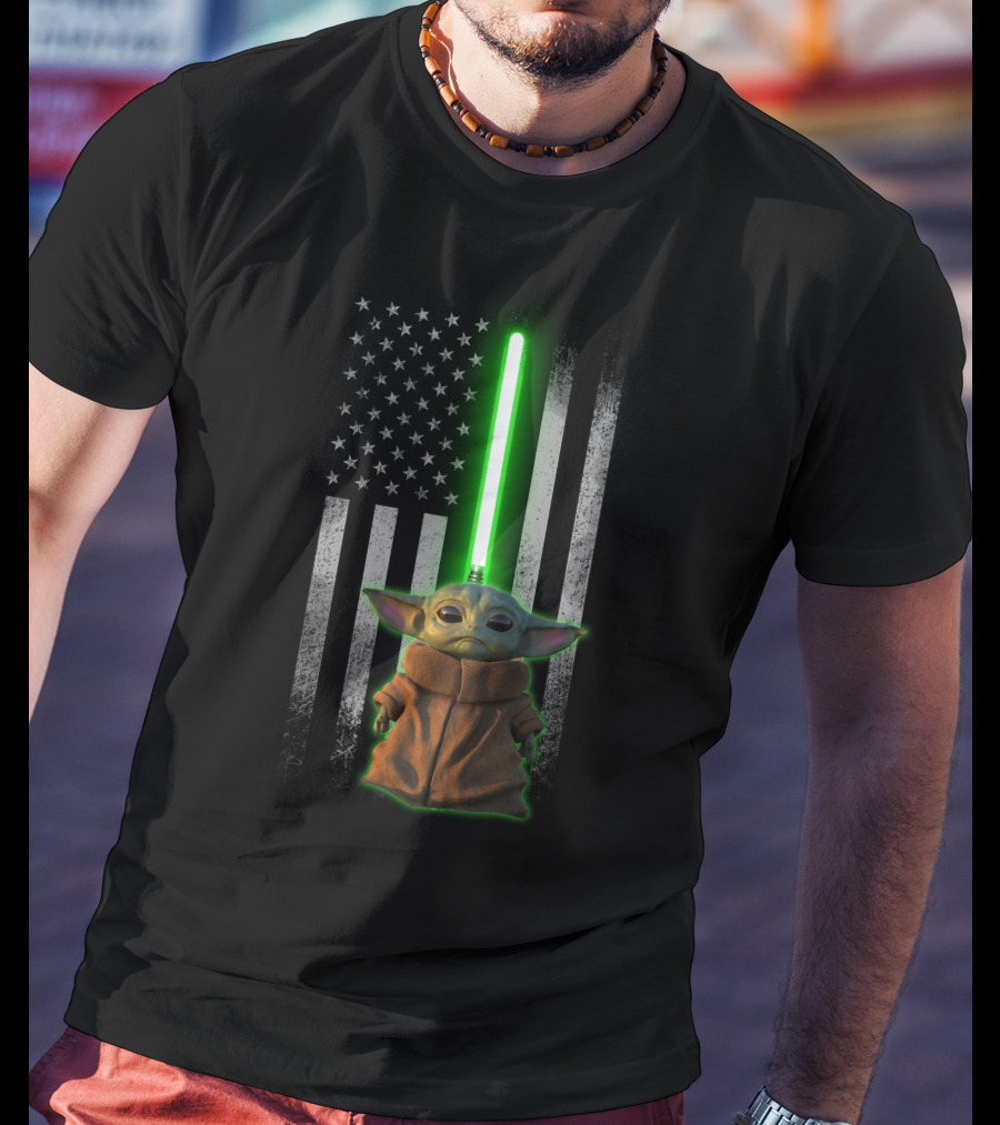 Baby Yoda Lightsaber American Flag Background T-Shirt