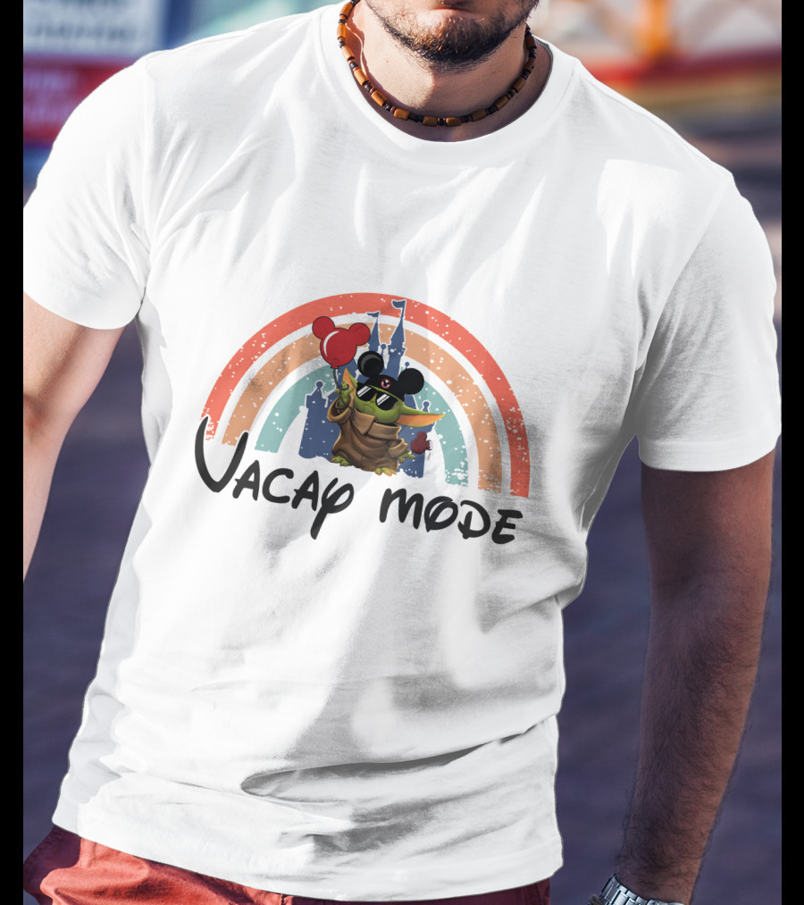 Baby Yoda Vacay Mode Disney Castle Mickey Ears Rainbow Balloons T-Shirt