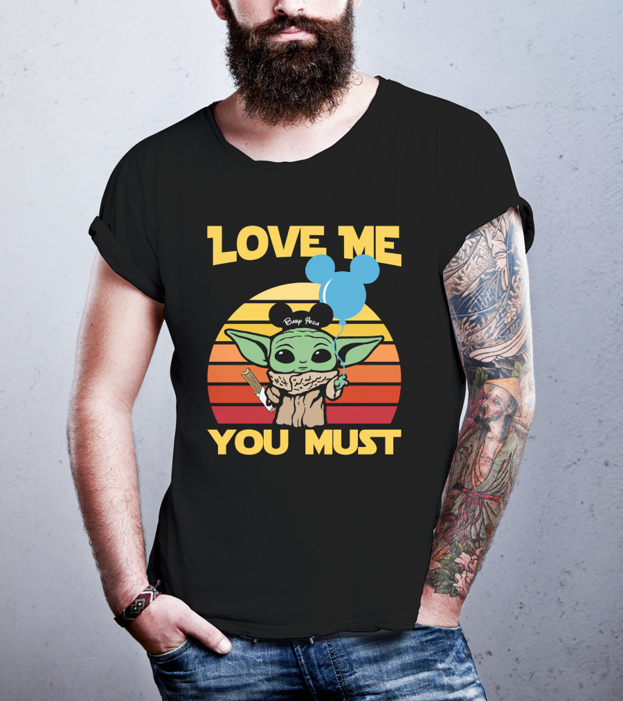 Love ME You Must Baby Yoda Mickey Ears Balloon Vintage Stripes T-Shirt