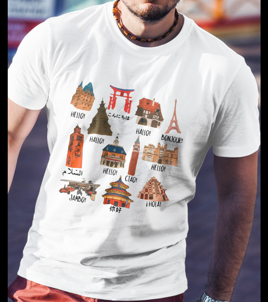 Epcot World Showcase Hello Konnichiwa Bonjour Ciao Jambo Hola Iconic Landmarks T-Shirt