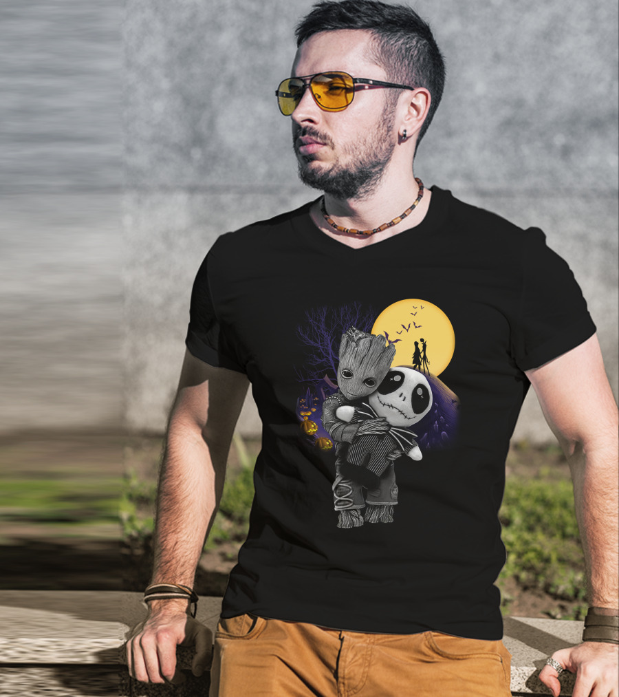 Groot Hug Jack Skellington Halloween Night T-Shirt
