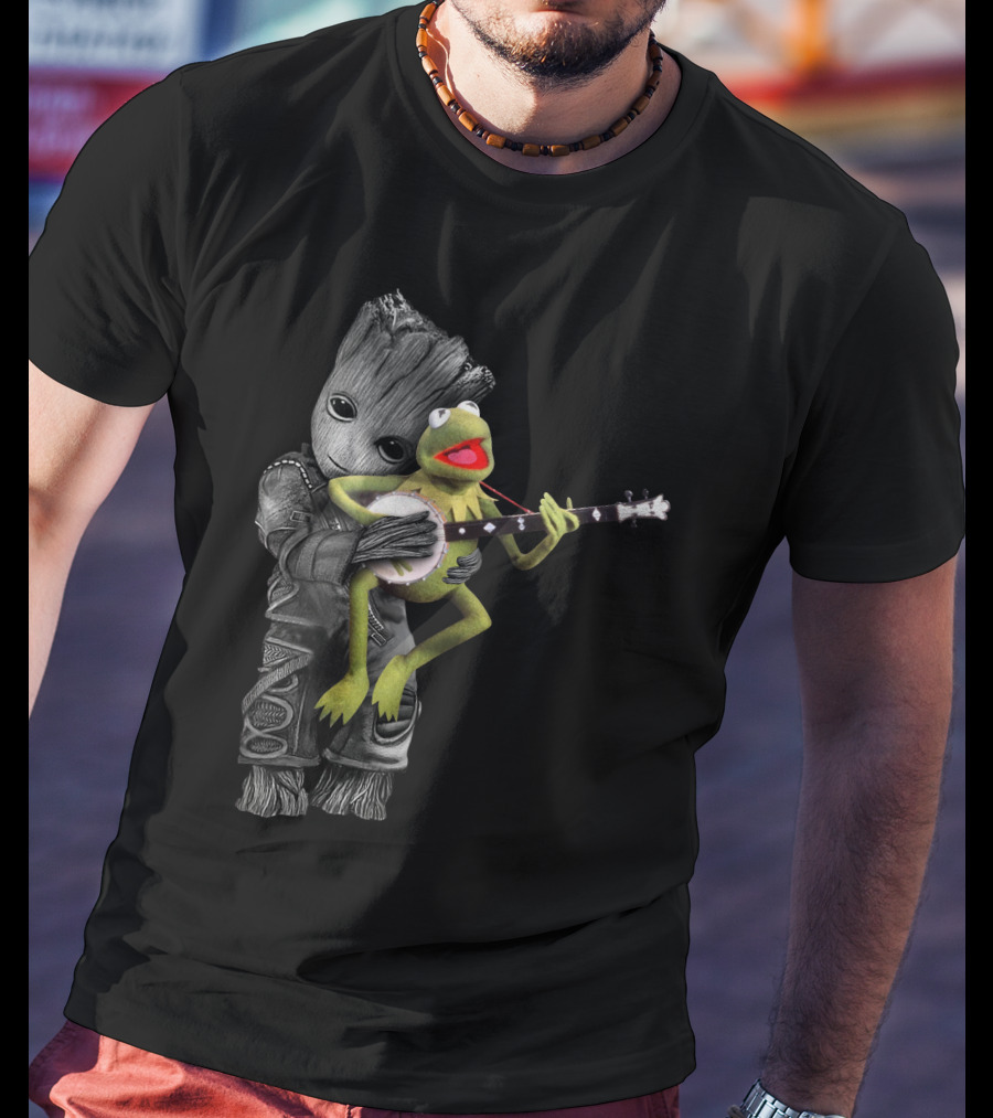 Groot Hugging Kermit Playing Banjo T-Shirt