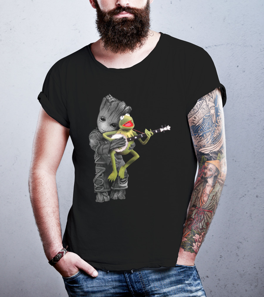 Groot Hugging Kermit Playing Banjo T-Shirt