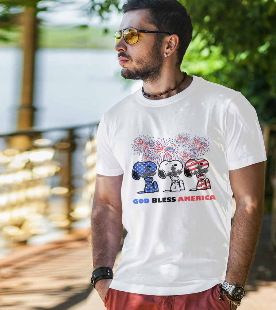 God Bless America Snoopy Cross Fireworks Fourth Of July T-Shirt