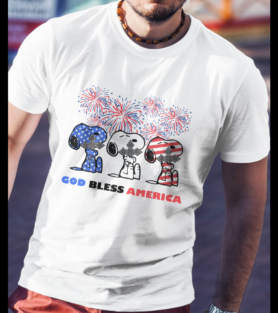 God Bless America Snoopy Cross Fireworks Fourth Of July T-Shirt