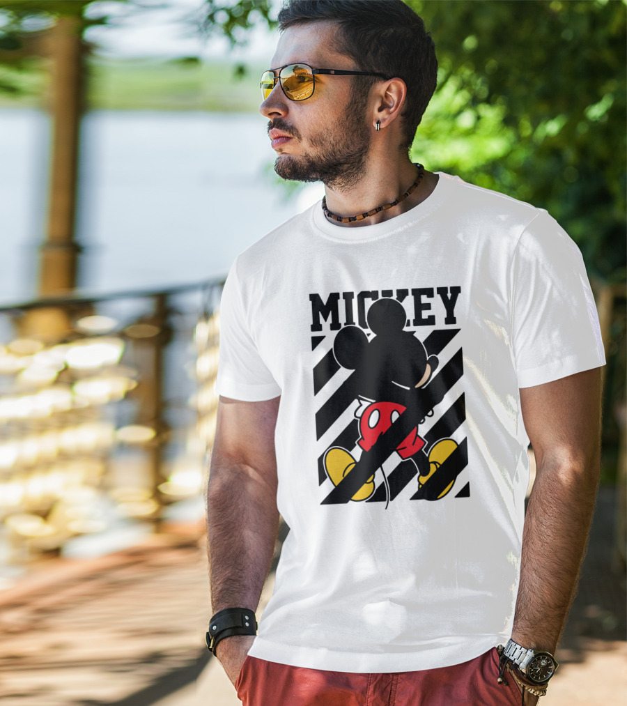 Mickey Mouse Black And White Stripes Red Yellow T-Shirt