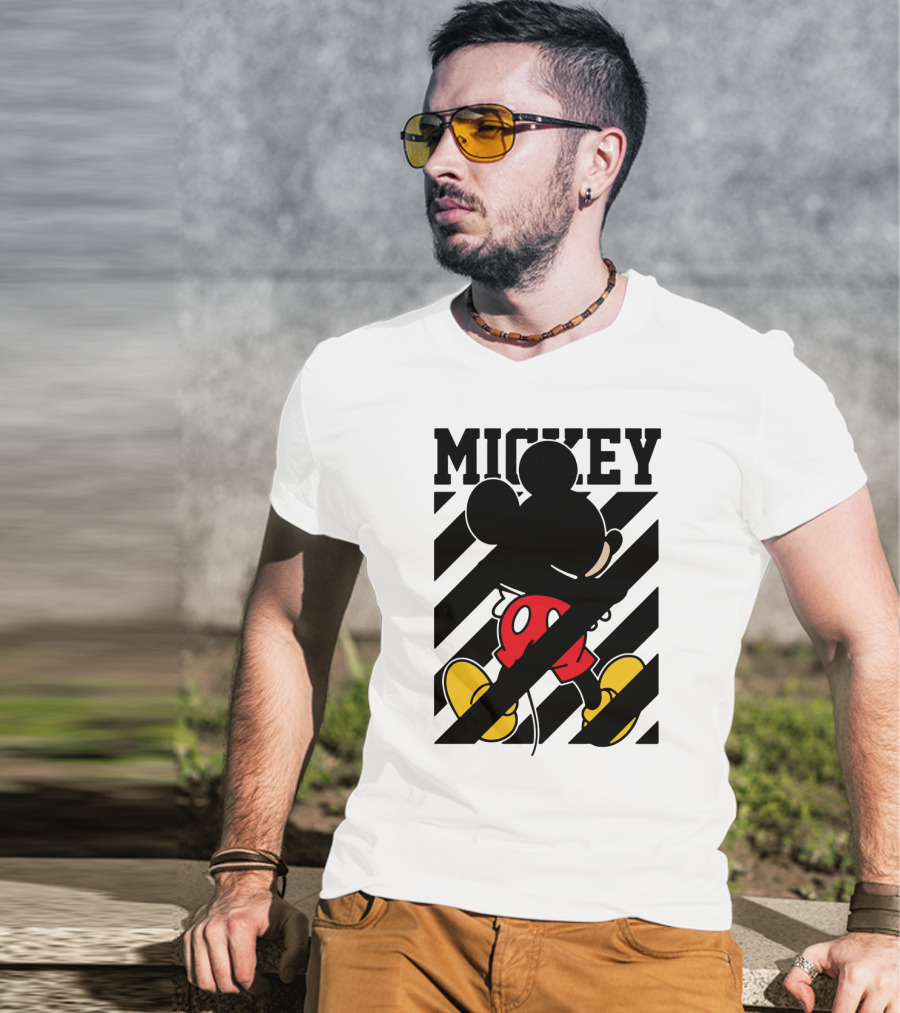 Mickey Mouse Black And White Stripes Red Yellow T-Shirt