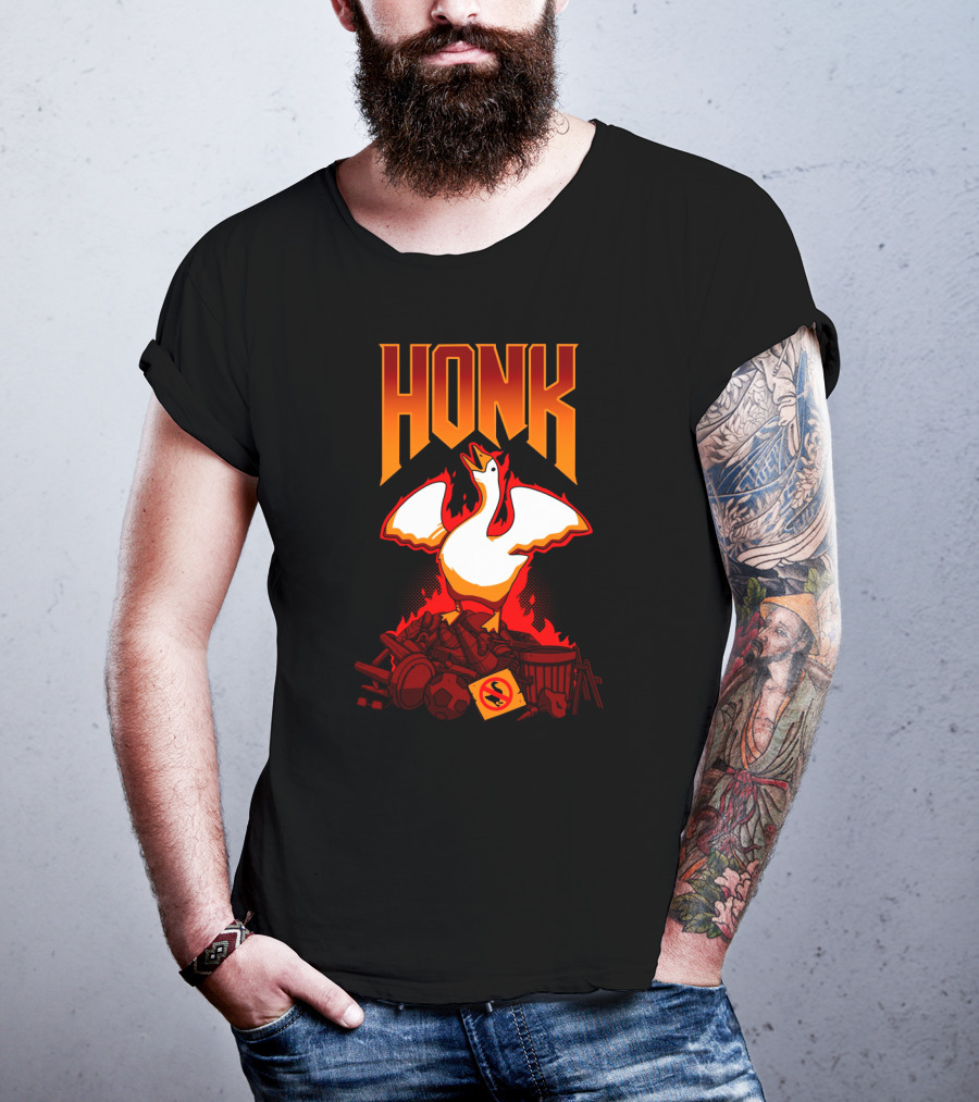HONK Goose On Junk Pile With Flames T-Shirt