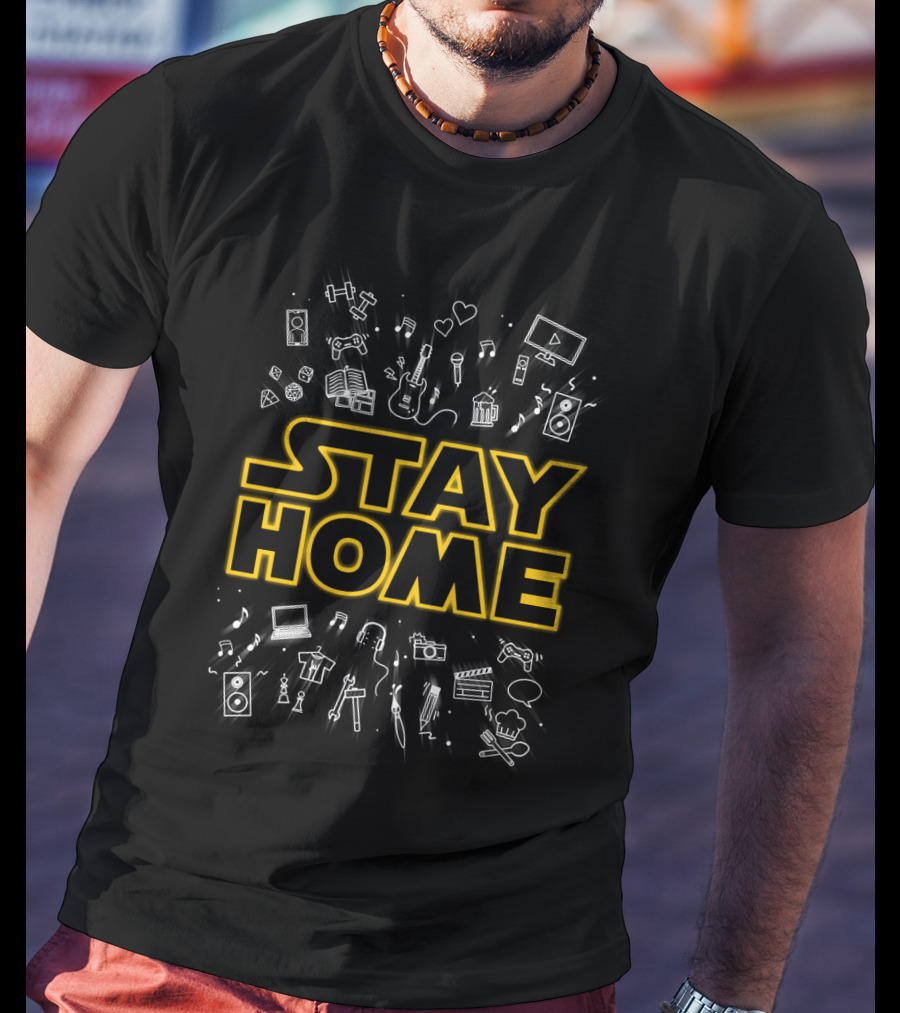 Stay Home DIY Music Gaming Cinema Book Cooking Fitness Icons T-Shirt