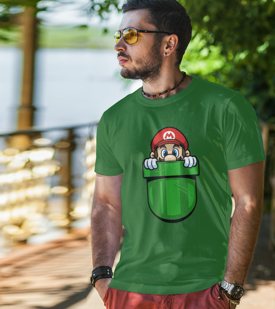 Super Mario Peeking From Green Warp Pipe T-Shirt